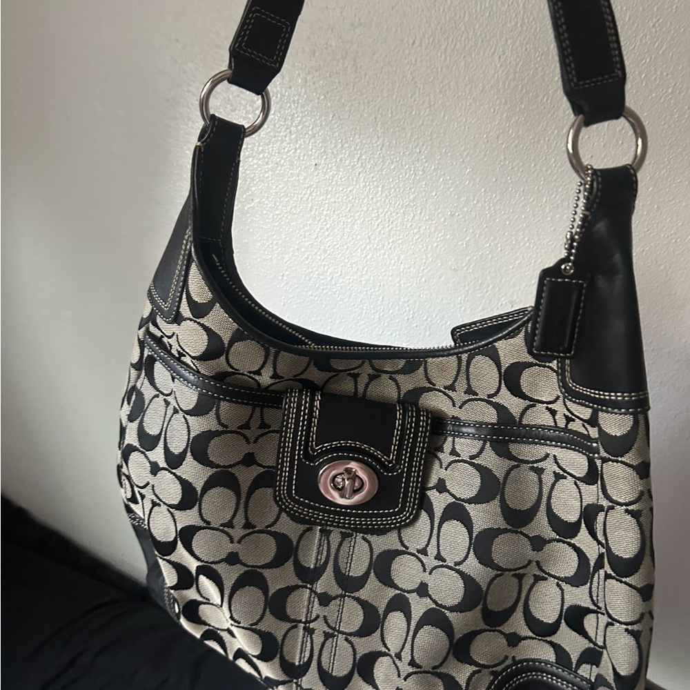 Coach Black and Tan Signature Shoulder Bag
